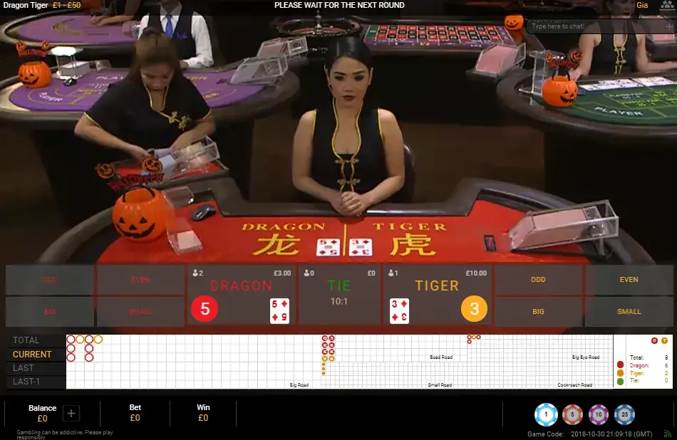 La mesa y el tablero de apuestas de Dragon Tiger